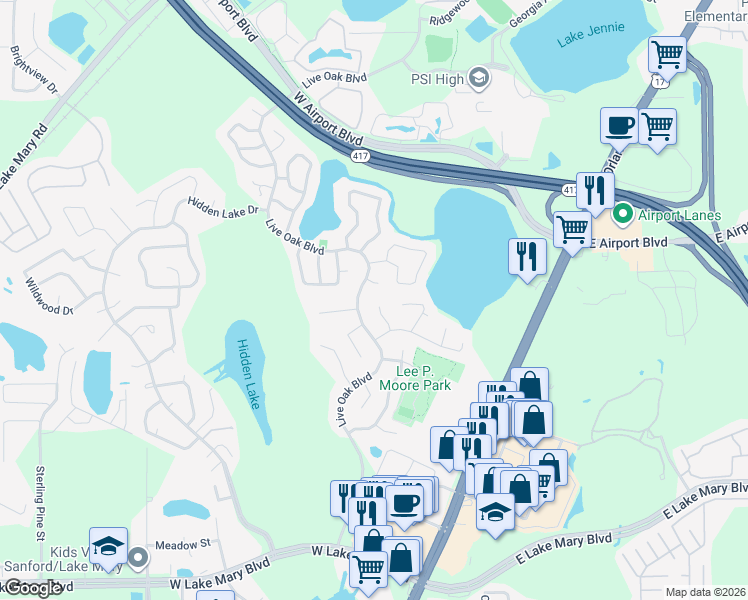 map of restaurants, bars, coffee shops, grocery stores, and more near 110 Wild Elm Court in Sanford