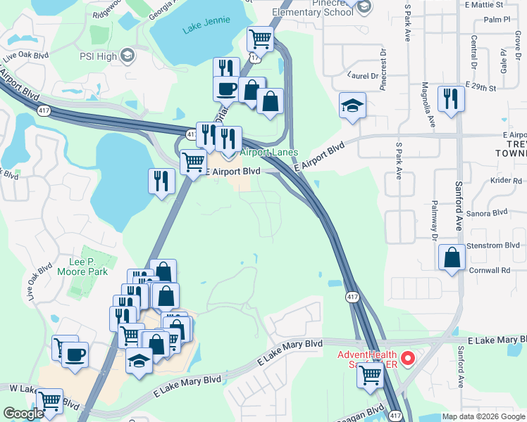 map of restaurants, bars, coffee shops, grocery stores, and more near 3130 Windleshore Way in Sanford