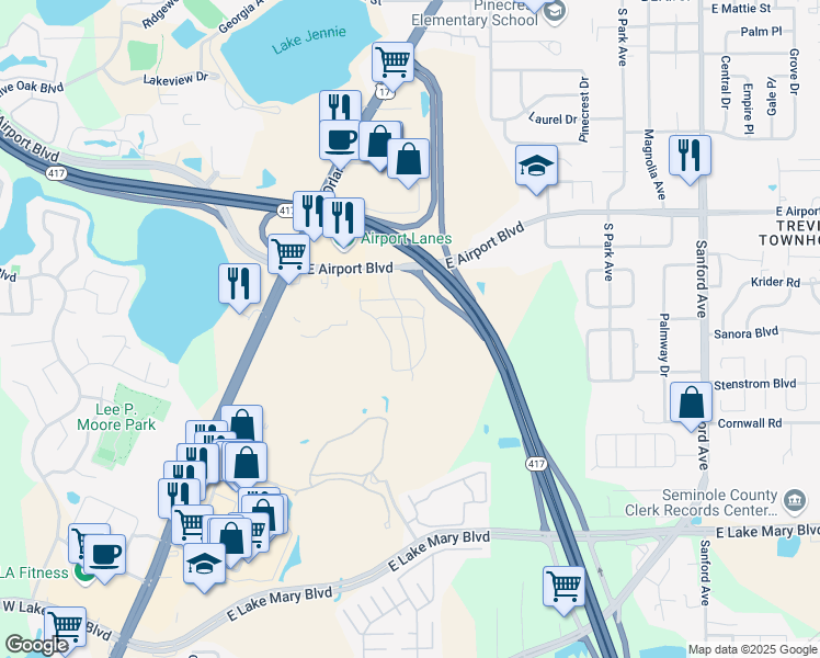 map of restaurants, bars, coffee shops, grocery stores, and more near 3161 Windleshore Way in Sanford