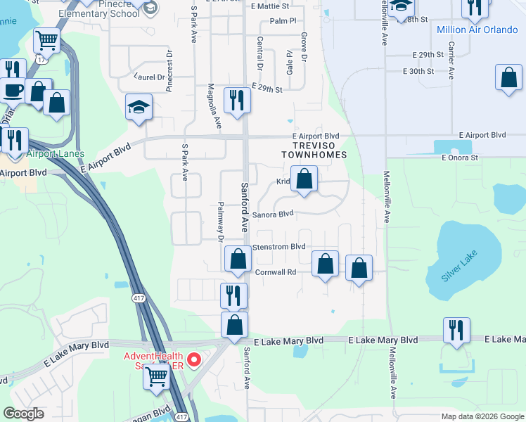 map of restaurants, bars, coffee shops, grocery stores, and more near 102 Krider Road in Sanford