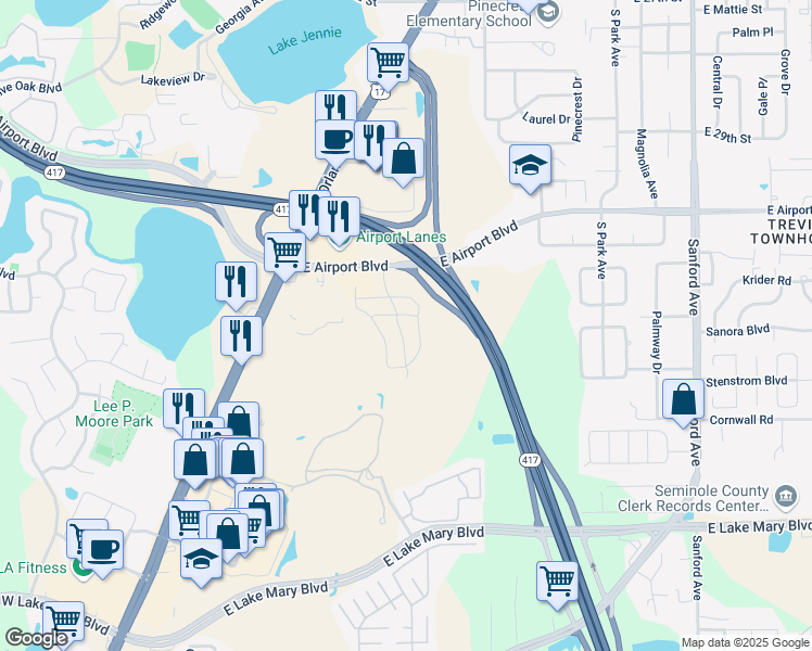 map of restaurants, bars, coffee shops, grocery stores, and more near 3161 Windleshore Way in Sanford
