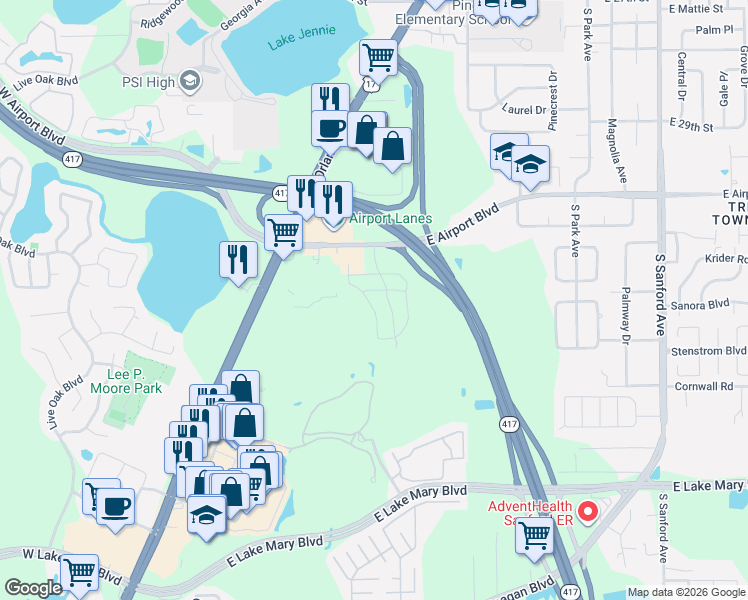 map of restaurants, bars, coffee shops, grocery stores, and more near 3140 Windsor Lake Circle in Sanford