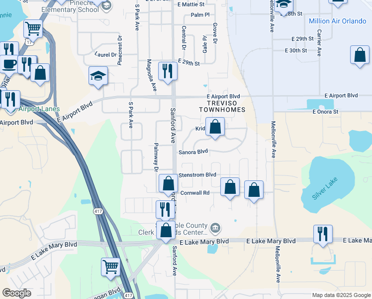 map of restaurants, bars, coffee shops, grocery stores, and more near 102 Krider Road in Sanford