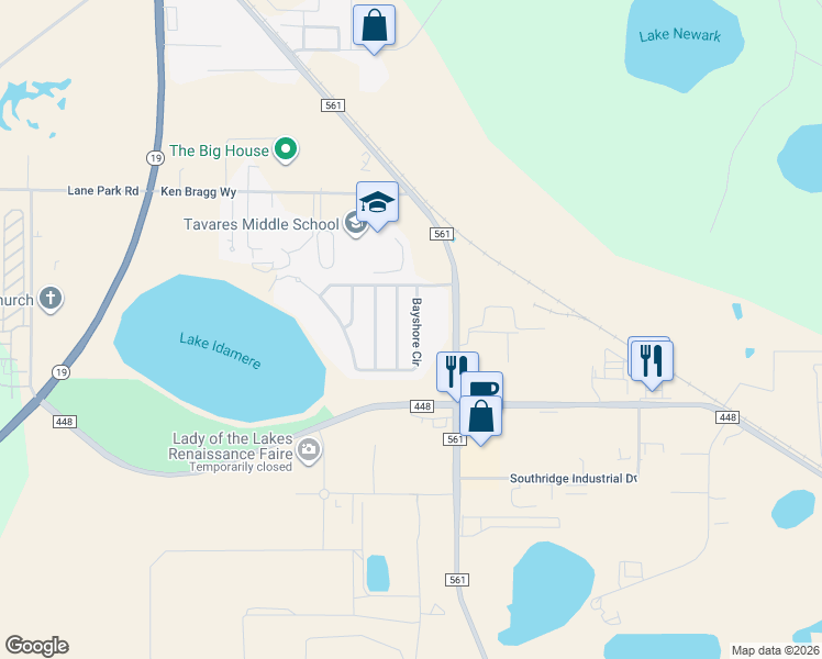 map of restaurants, bars, coffee shops, grocery stores, and more near 3849 Bayshore Circle in Tavares