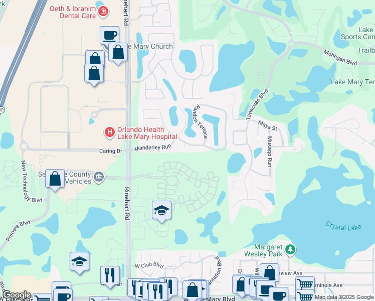 map of restaurants, bars, coffee shops, grocery stores, and more near 591 Lake Coven Court in Lake Mary