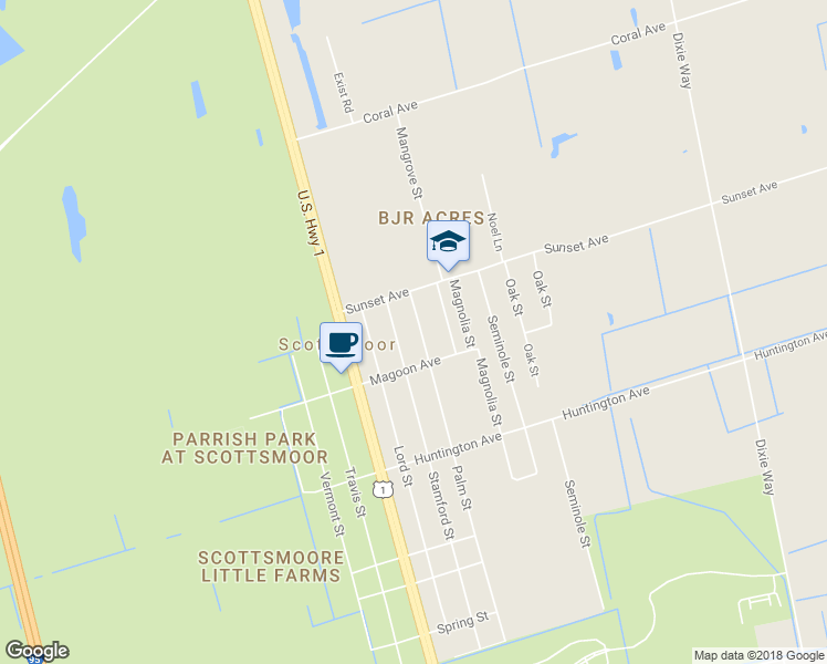 map of restaurants, bars, coffee shops, grocery stores, and more near 6044 Palm Street in Mims