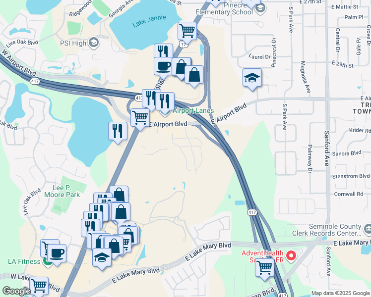 map of restaurants, bars, coffee shops, grocery stores, and more near 2211 Trillium Park Lane in Sanford