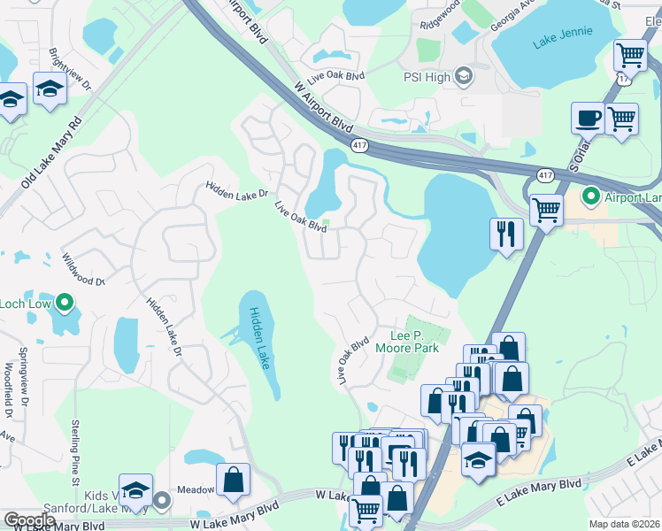 map of restaurants, bars, coffee shops, grocery stores, and more near 104 Silver Maple Terrace in Sanford