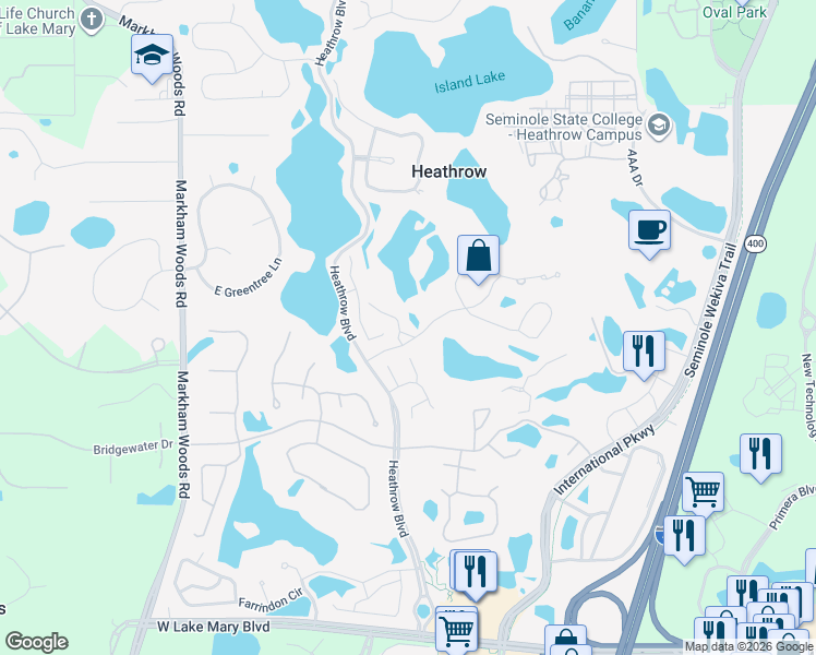 map of restaurants, bars, coffee shops, grocery stores, and more near 1276 Brampton Place in Lake Mary
