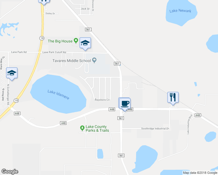 map of restaurants, bars, coffee shops, grocery stores, and more near 3851 Bayshore Circle in Tavares