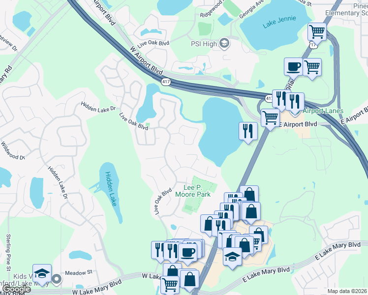 map of restaurants, bars, coffee shops, grocery stores, and more near 135 Edgewater Circle in Sanford