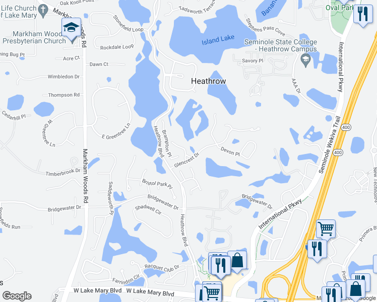 map of restaurants, bars, coffee shops, grocery stores, and more near 1276 Brampton Place in Lake Mary