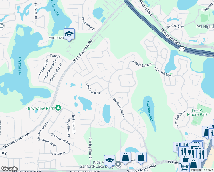 map of restaurants, bars, coffee shops, grocery stores, and more near 100 Wildwood Drive in Sanford