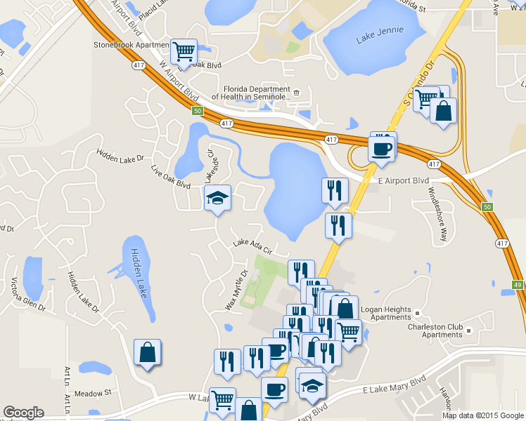 map of restaurants, bars, coffee shops, grocery stores, and more near 115 Alder Court in Sanford