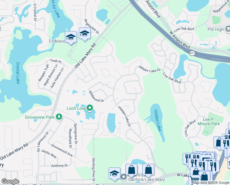 map of restaurants, bars, coffee shops, grocery stores, and more near 243 Loch Low Drive in Sanford
