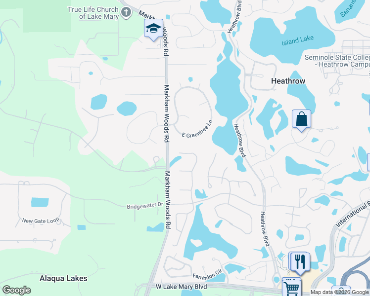 map of restaurants, bars, coffee shops, grocery stores, and more near 375 Saddleworth Place in Lake Mary