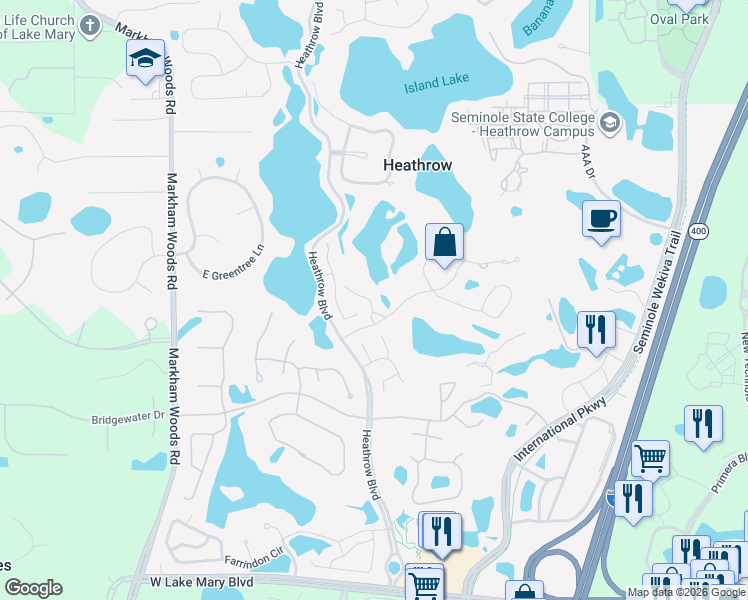 map of restaurants, bars, coffee shops, grocery stores, and more near 451 Hamptoncrest Circle in Heathrow