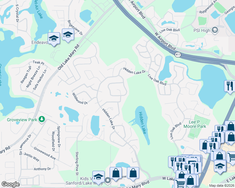 map of restaurants, bars, coffee shops, grocery stores, and more near 203 Borada Road in Sanford
