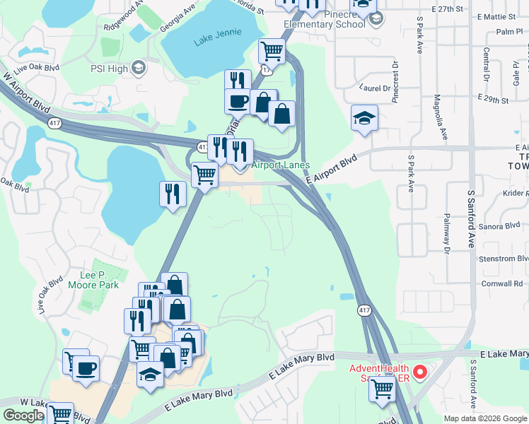 map of restaurants, bars, coffee shops, grocery stores, and more near 2310 Trillium Park Lane in Sanford