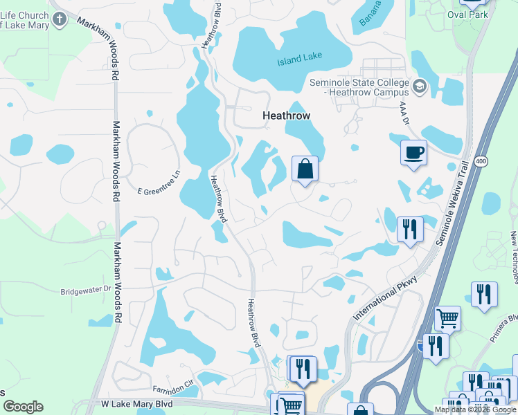 map of restaurants, bars, coffee shops, grocery stores, and more near 459 Hamptoncrest Circle in Heathrow