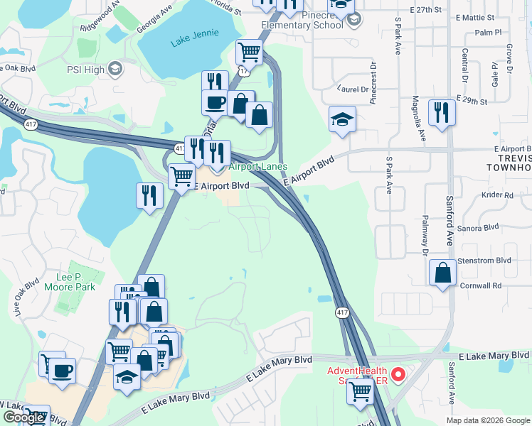map of restaurants, bars, coffee shops, grocery stores, and more near 6221 Windsor Lake Circle in Sanford