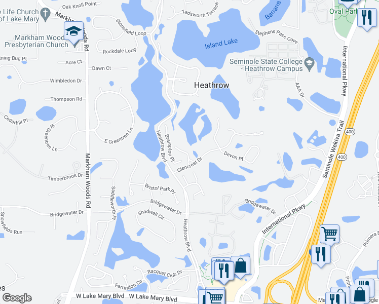 map of restaurants, bars, coffee shops, grocery stores, and more near 451 Hamptoncrest Circle in Lake Mary