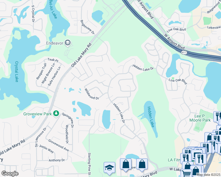 map of restaurants, bars, coffee shops, grocery stores, and more near 305 Hidden Lake Drive in Sanford