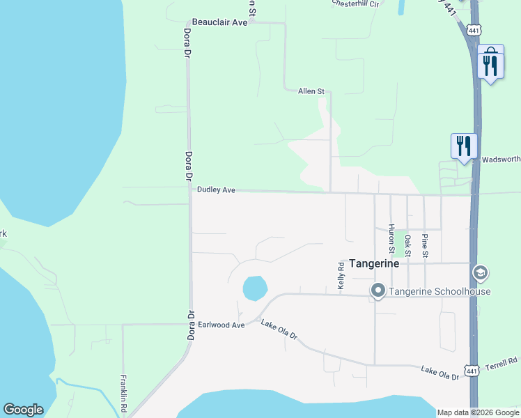 map of restaurants, bars, coffee shops, grocery stores, and more near 7788 Dudley Avenue in Mount Dora