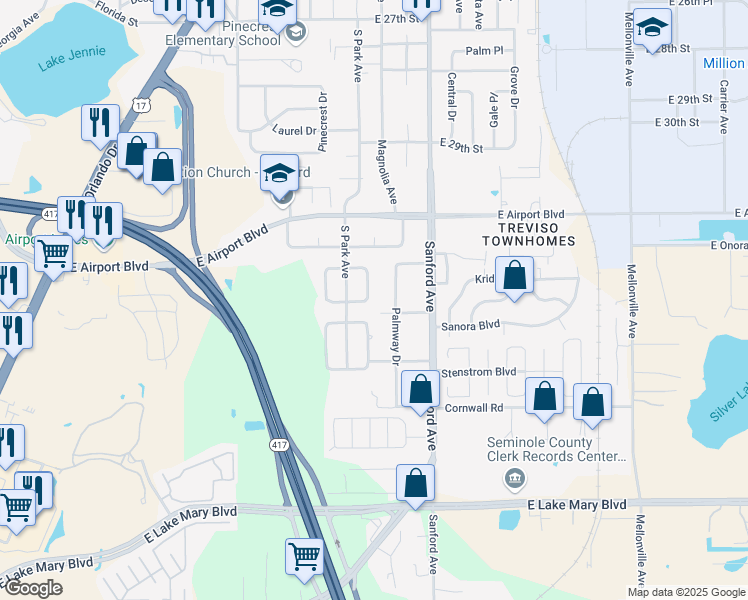 map of restaurants, bars, coffee shops, grocery stores, and more near 113 East Coleman Circle in Sanford
