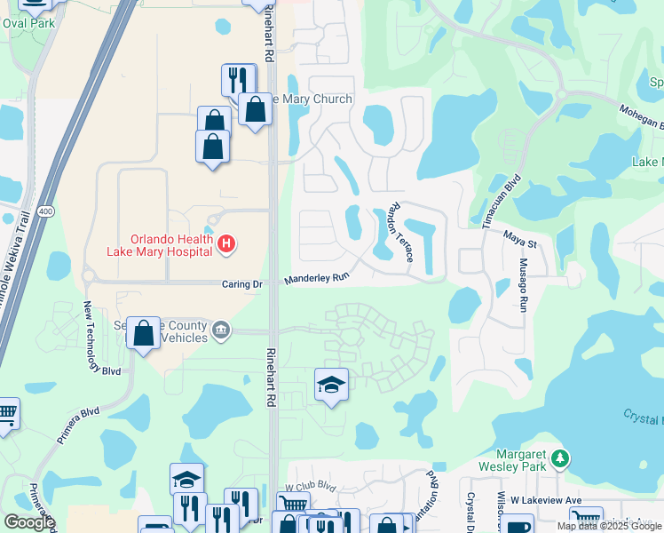 map of restaurants, bars, coffee shops, grocery stores, and more near 654 Randon Terrace in Lake Mary
