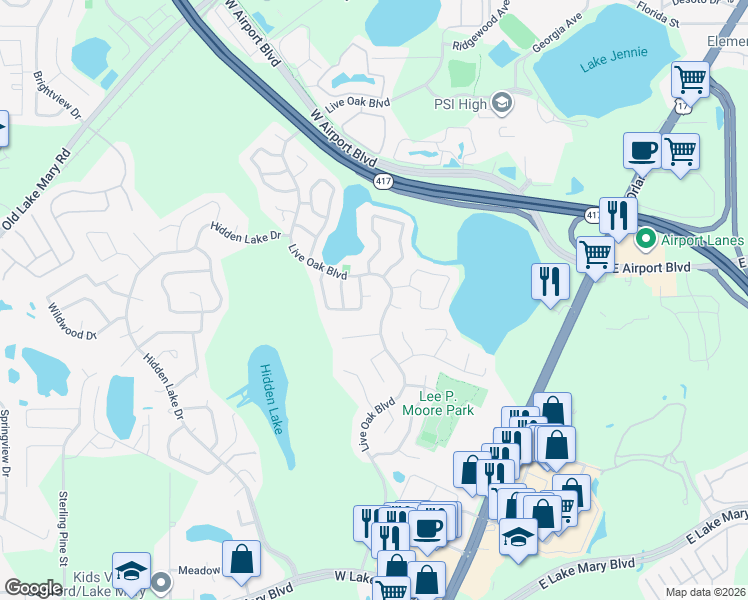 map of restaurants, bars, coffee shops, grocery stores, and more near 102 Long Leaf Pine Court in Sanford