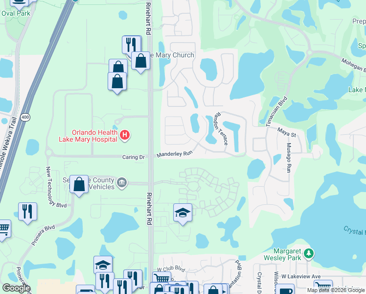 map of restaurants, bars, coffee shops, grocery stores, and more near 654 Randon Terrace in Lake Mary