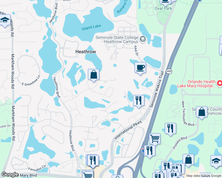 map of restaurants, bars, coffee shops, grocery stores, and more near 358 Devon Place in Lake Mary