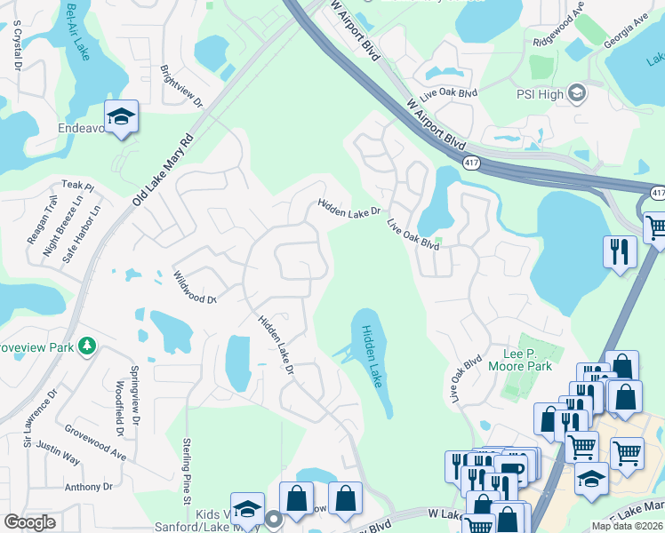 map of restaurants, bars, coffee shops, grocery stores, and more near 111 Borada Road in Sanford