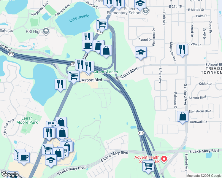 map of restaurants, bars, coffee shops, grocery stores, and more near 6430 Windsor Lake Circle in Sanford