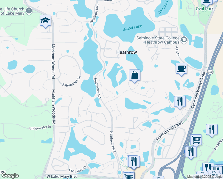 map of restaurants, bars, coffee shops, grocery stores, and more near 459 Hamptoncrest Circle in Heathrow