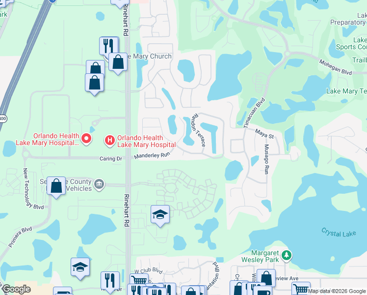 map of restaurants, bars, coffee shops, grocery stores, and more near 359 Randon Terrace in Lake Mary