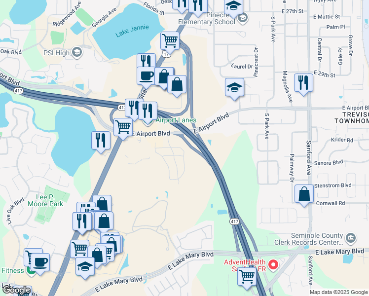 map of restaurants, bars, coffee shops, grocery stores, and more near 6430 Windsor Lake Circle in Sanford
