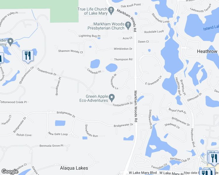 map of restaurants, bars, coffee shops, grocery stores, and more near 118 West Greentree Lane in Lake Mary