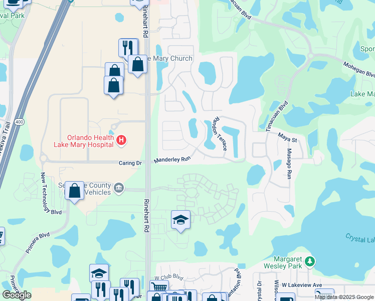 map of restaurants, bars, coffee shops, grocery stores, and more near 390 Randon Terrace in Lake Mary