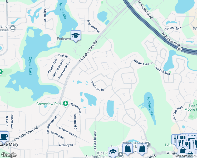 map of restaurants, bars, coffee shops, grocery stores, and more near 152 Wildwood Drive in Sanford