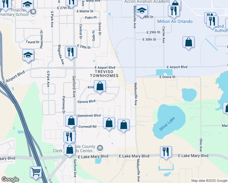 map of restaurants, bars, coffee shops, grocery stores, and more near 307 Krider Road in Sanford