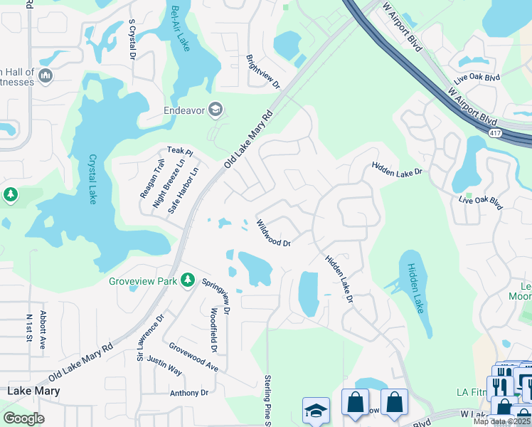 map of restaurants, bars, coffee shops, grocery stores, and more near 144 Wildwood Drive in Sanford