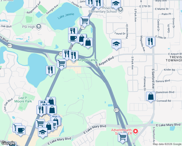 map of restaurants, bars, coffee shops, grocery stores, and more near 6350 Windsor Lake Circle in Sanford