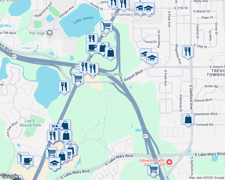 map of restaurants, bars, coffee shops, grocery stores, and more near 6430 Windsor Lake Circle in Sanford