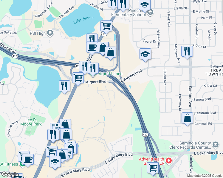 map of restaurants, bars, coffee shops, grocery stores, and more near 6430 Windsor Lake Circle in Sanford