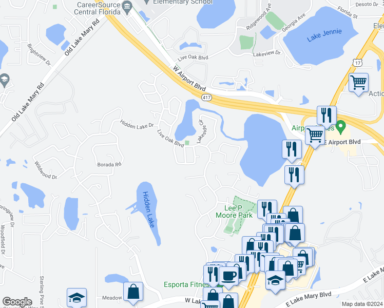 map of restaurants, bars, coffee shops, grocery stores, and more near 163 Long Leaf Pine Circle in Sanford