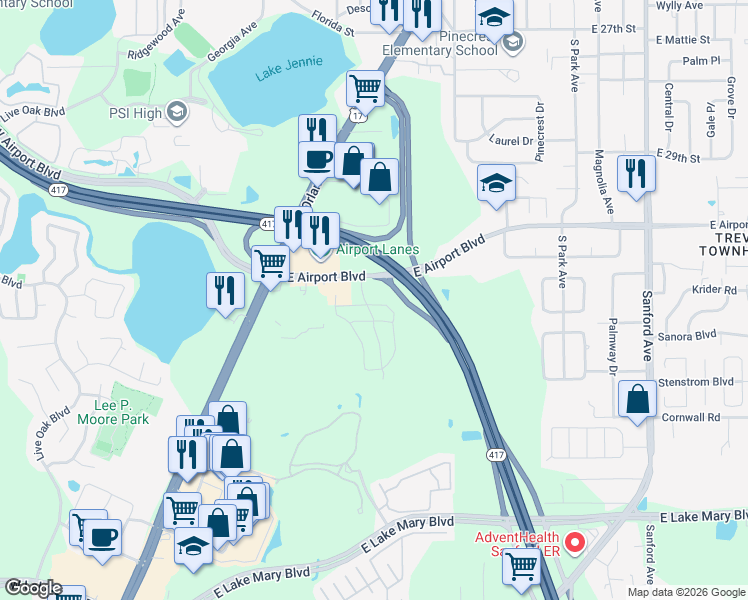 map of restaurants, bars, coffee shops, grocery stores, and more near 6430 Windsor Lake Circle in Sanford