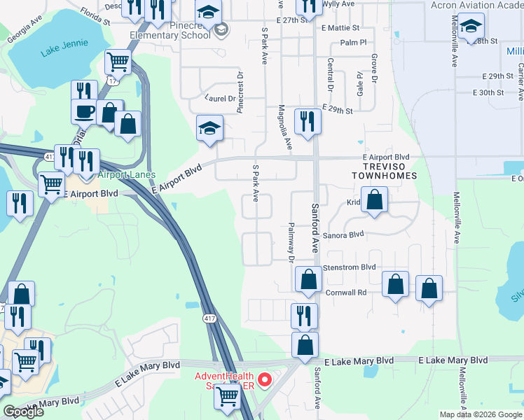map of restaurants, bars, coffee shops, grocery stores, and more near 3304 South Park Avenue in Sanford