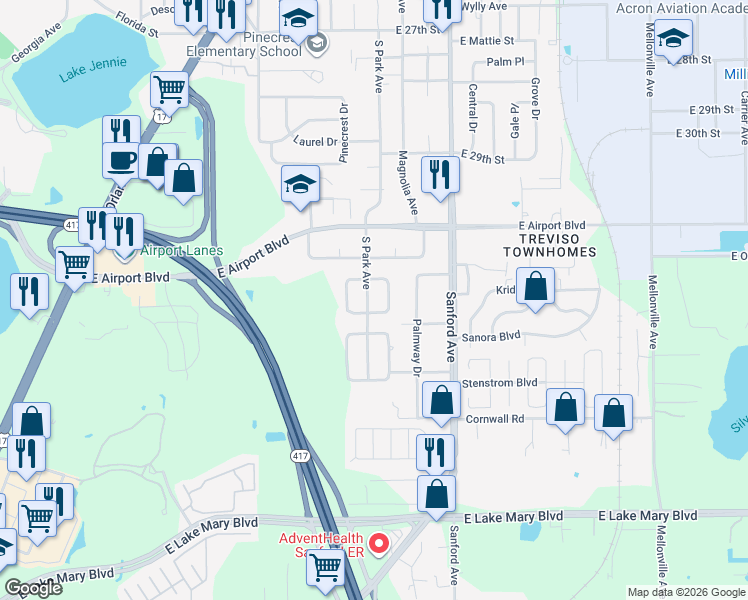 map of restaurants, bars, coffee shops, grocery stores, and more near 3304 South Park Avenue in Sanford